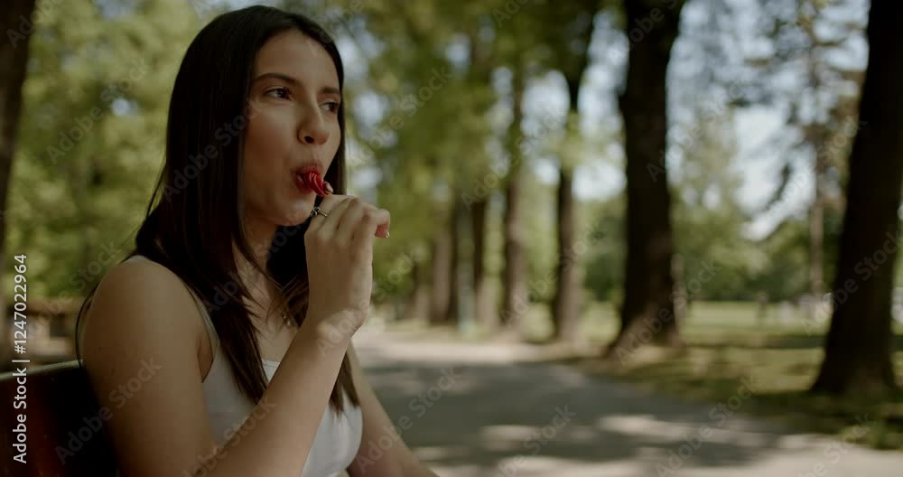 Young pretty woman sitting on a park bench enjoying a lollipop on a summer day. She's happy and smiling. 4K stock video great for advertisements and campaigns. Young pretty woman sitting on a park bench enjoying a lollipop on a summer day. She's happy and smiling. 4K stock video great for advertisements and campaigns.