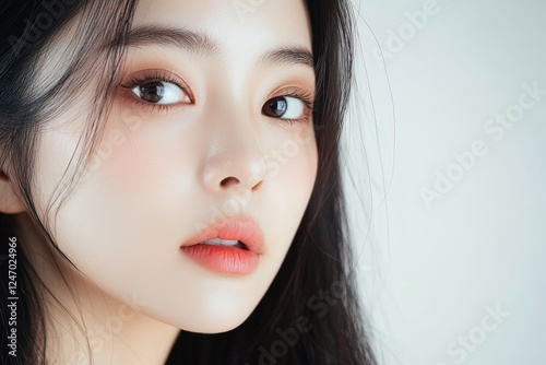 Young woman with smooth skin, wearing lipstick and soft makeup. Asian fashion, likely K-pop or similar style. photo