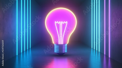 Neon Light Bulb in Abstract Environment - A vibrant neon light bulb stands in a dark corridor illuminated by colorful glowing lines.