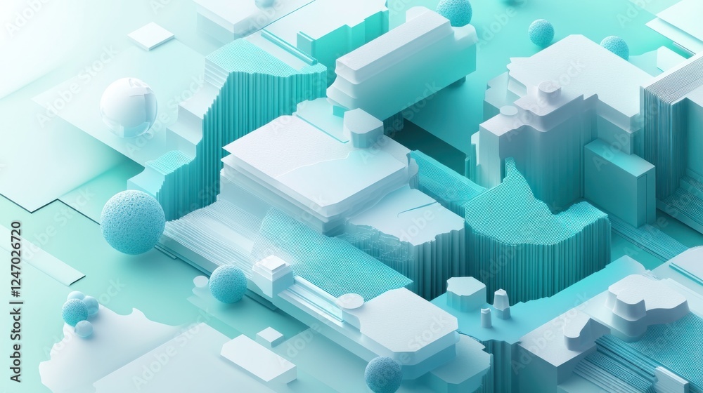 Naklejka premium Abstract 3D rendering of teal and white geometric shapes, creating a modern, minimalist design.