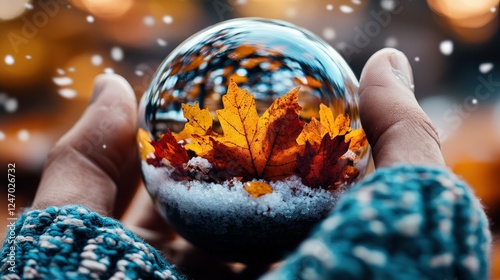 Fototapeta Naklejka Na Ścianę i Meble -  A stunning glass snow globe features vibrant autumn leaves and a snowy base, encapsulating the serene beauty of nature during the transition from fall to winter.
