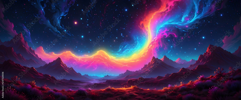 Fototapeta premium Vibrant Cosmic Landscape with Energetic Swirls of Color