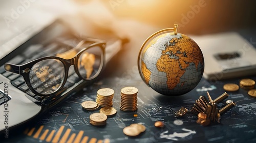 Conceptual of a globe surrounded by high taxes tariffs and other economic policies that impact international trade commerce and financial markets globally photo