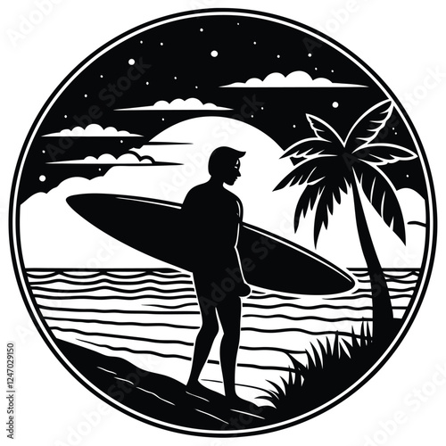Silhouette of a Surfer at Night on a Tropical Beach