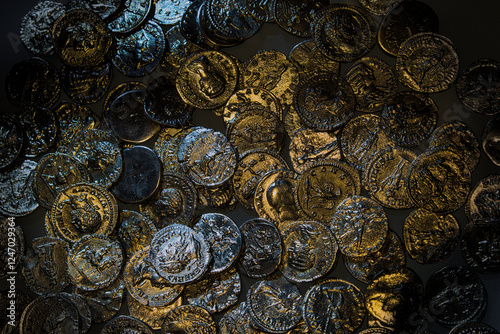 Pile of shimmering ancient Roman coins.