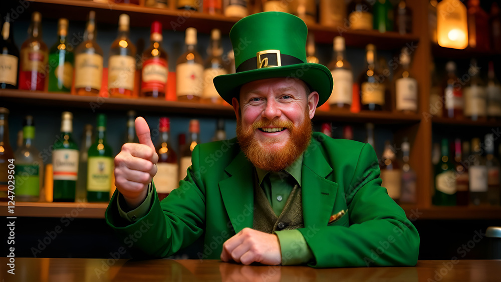 A man in a leprechaun costume sits at a bar giving a thumbs up. St. Patrick's Day.