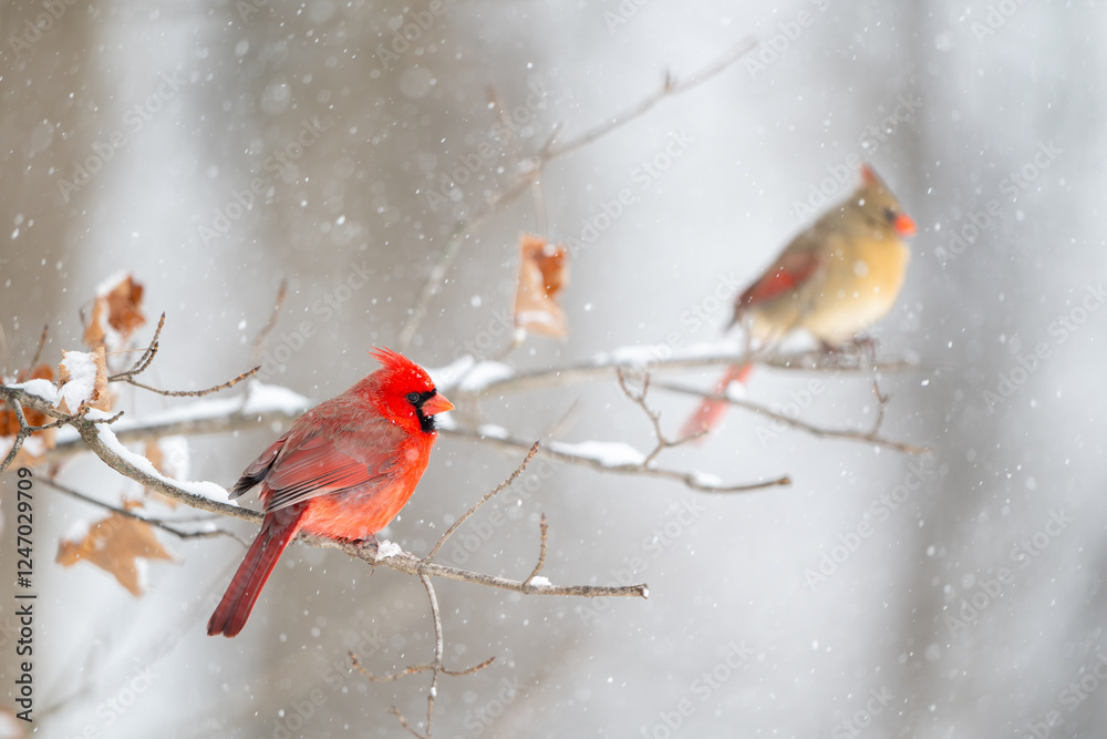Male cardinal perched on branch with female in the background