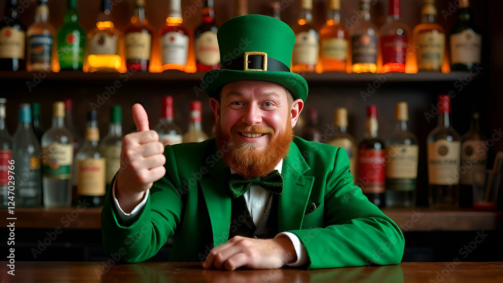 A man in a leprechaun costume sits at a bar giving a thumbs up. St. Patrick's Day.
