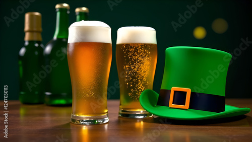 Two beer glasses and a green leprechaun hat on the table. St. Patrick's Day.