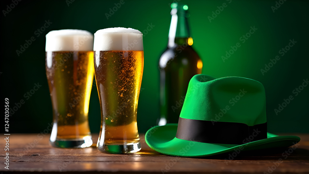 Two beer glasses and a green leprechaun hat on the table. St. Patrick's Day.
