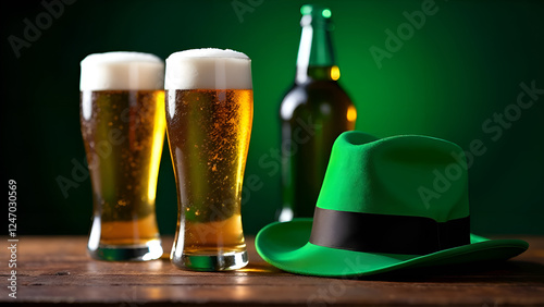 Obraz na płótnie Two beer glasses and a green leprechaun hat on the table. St. Patrick's Day. w salonie