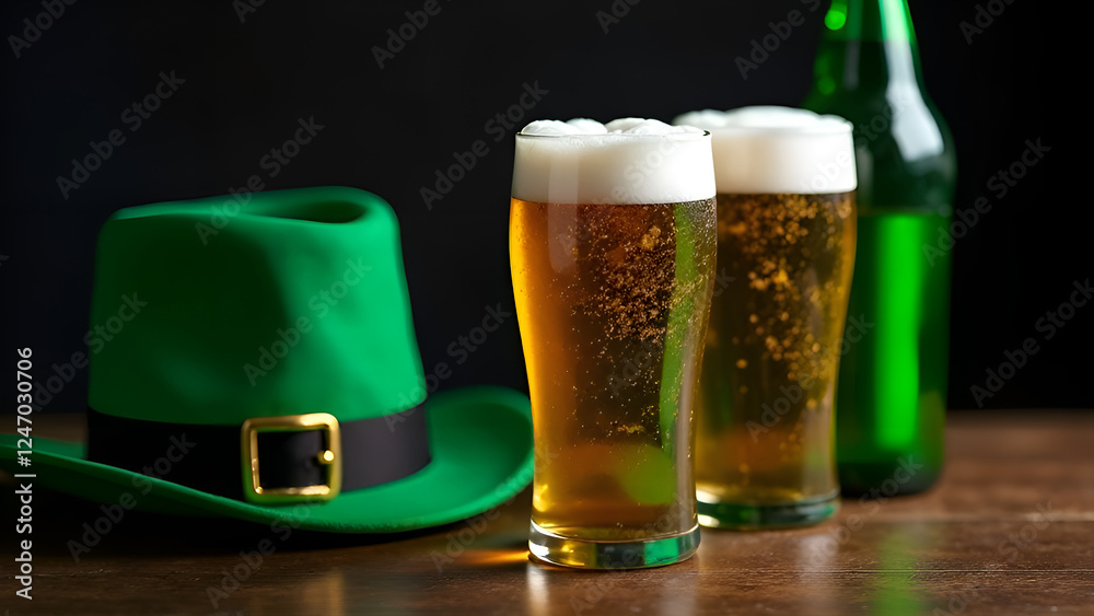 Two beer glasses and a green leprechaun hat on the table. St. Patrick's Day.