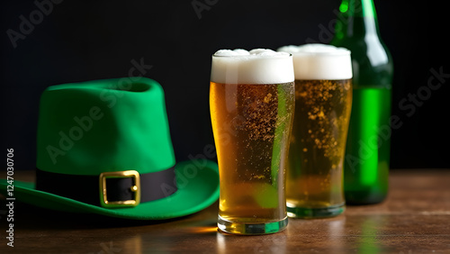 Two beer glasses and a green leprechaun hat on the table. St. Patrick's Day.