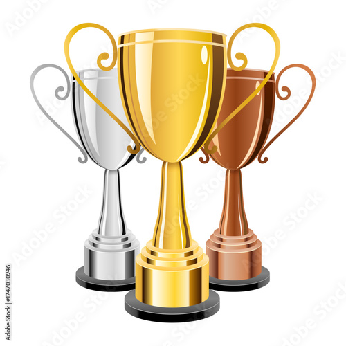 Gold, silver and bronze trophy cups on white background. Vector illustration.