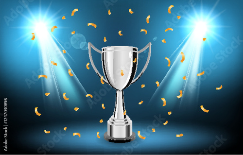 Silver trophy cup on podium with confetti on blue background. Vector illustration