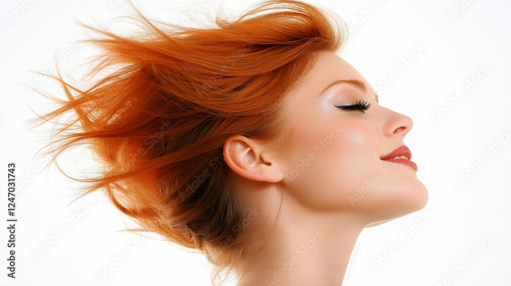 Hyper Realistic Portrait of a Smiling Red Haired Woman with Wind Blown Stylish Hair on Pure White Background Hyper Realistic Portrait of a Smiling Red Haired Woman with Wind Blown Stylish Hair on Pure White Background