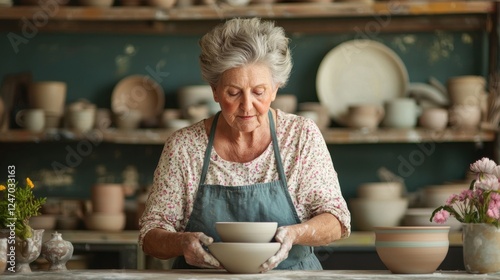 Wallpaper Mural Elderly Woman Working on Clay Bowls in Artisan Pottery Studio Torontodigital.ca