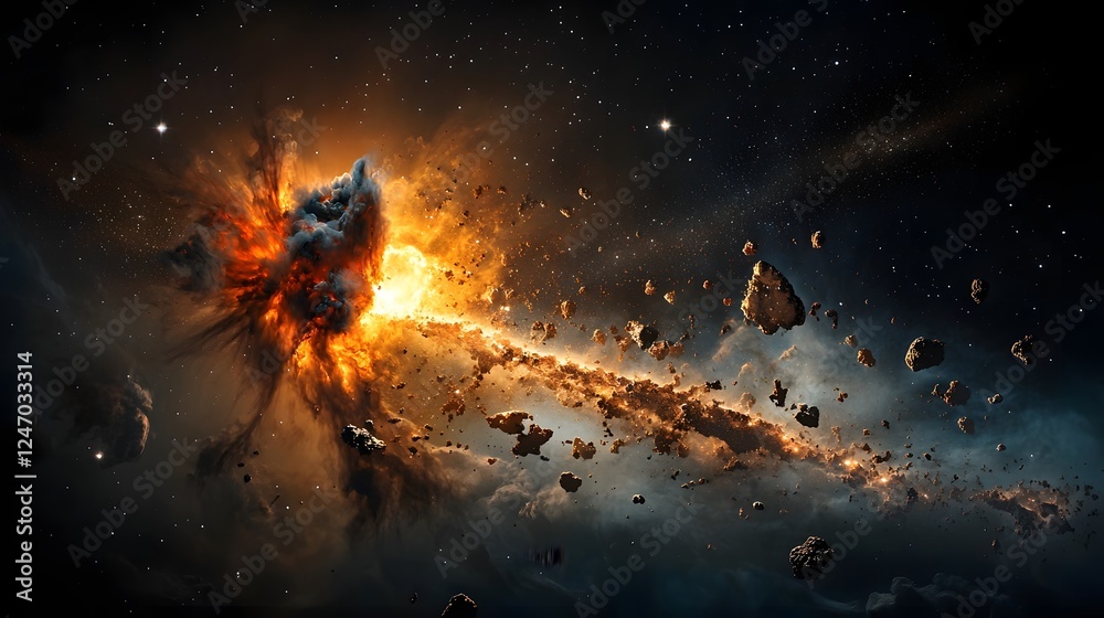 Naklejka premium Depiction of a Dramatic Cosmic Collision between Galaxies Showcasing a Captivating Celestial Explosion in the Depths of the Universe