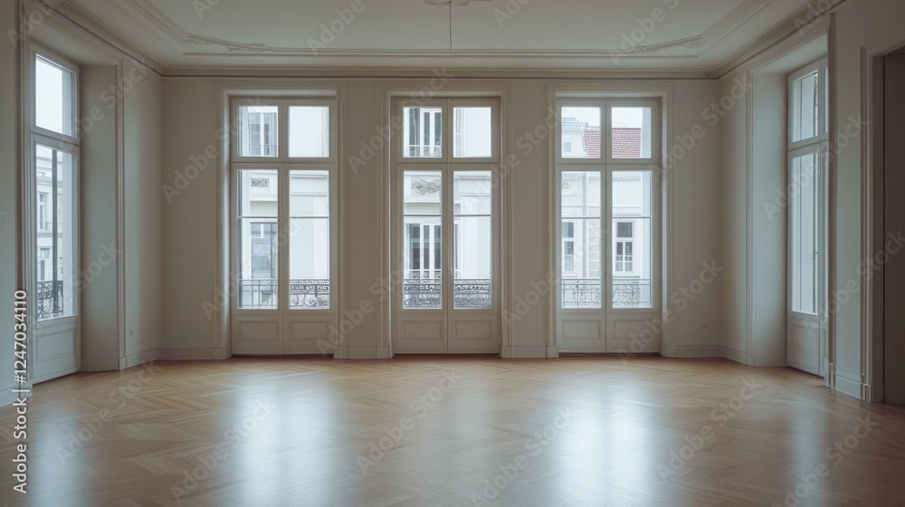 Fototapeta premium Empty, bright room with hardwood floors and large windows showcasing city view.