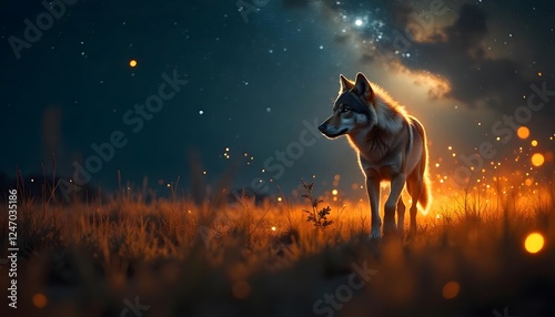 a lone wolf against the night sky showing the milky way in beautiful colors fantasy style