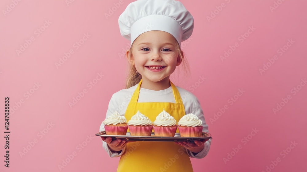 Happy little girl chef holding tray of cupcakes against pink background. Happy little girl chef holding tray of cupcakes against pink background.