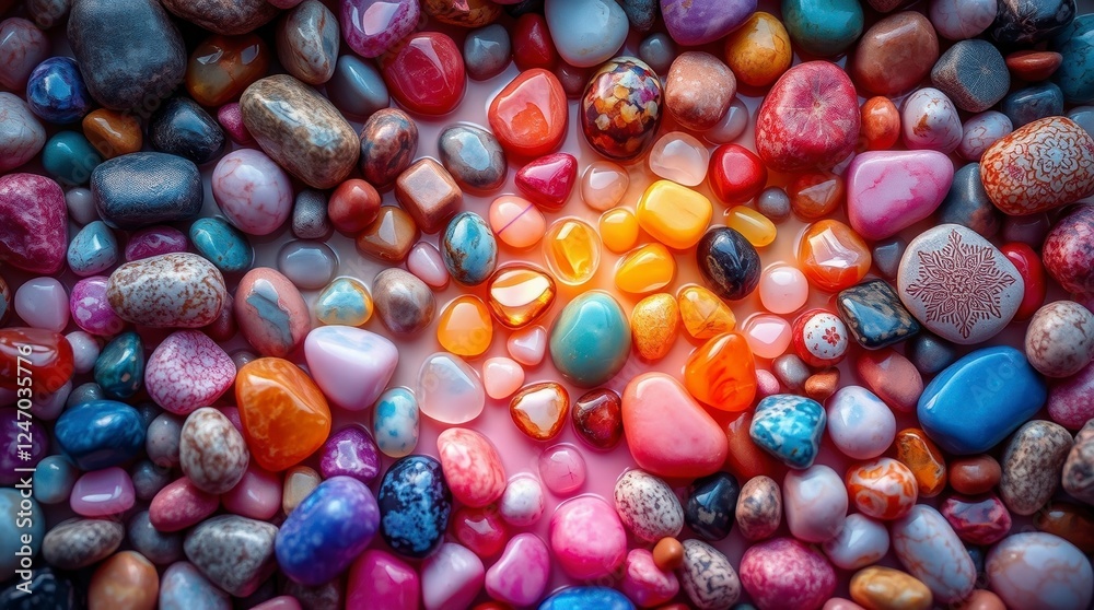 A colorful collection of smooth, polished stones creates a visually appealing textured pattern. A colorful collection of smooth, polished stones creates a visually appealing textured pattern.