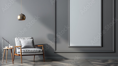 Wallpaper Mural Gray interior with armchair, side table, hanging lamp, and blank wall. Clean and minimalist design. Torontodigital.ca