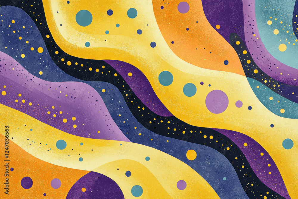 Abstract designs with smooth patterns featuring organic lines and colorful backgrounds. Biological motifs in shades of yellow, purple, and blue with scattered memphis dots and irregular squiggles