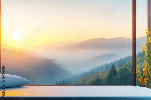 Scenic Mountain View at Sunrise - A serene view of mountains during sunrise, featuring misty valleys and a peaceful atmosphere from a room with a bed overlooking nature. photo