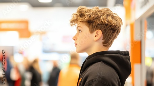 Thoughtful child with curly hair in hoodie at indoor event