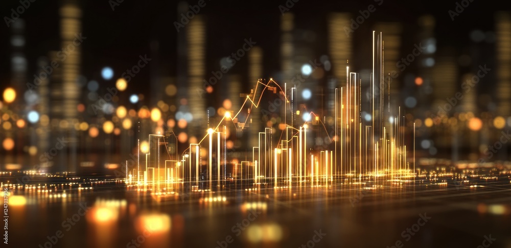 Fototapeta premium Golden glowing cityscape with rising graph, symbolizing growth and success.