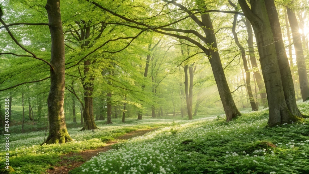 A spring forest with fresh green leaves and sunlight filtering through the trees A spring forest with fresh green leaves and sunlight filtering through the trees