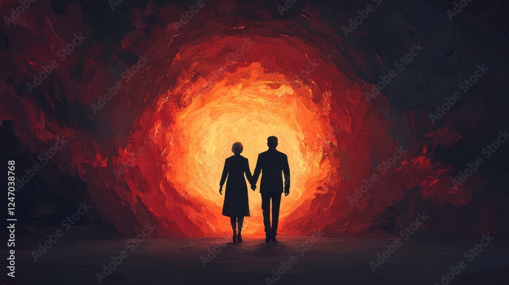 Fototapeta premium Silhouette of Couple Holding Hands at Enigmatic Fiery Portal
