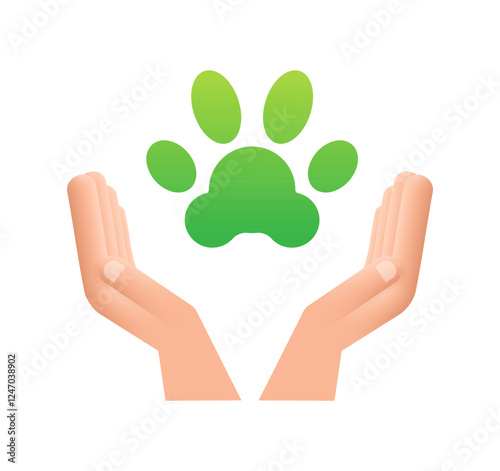 Green paw print held by two hands, symbolizing animal protection and care