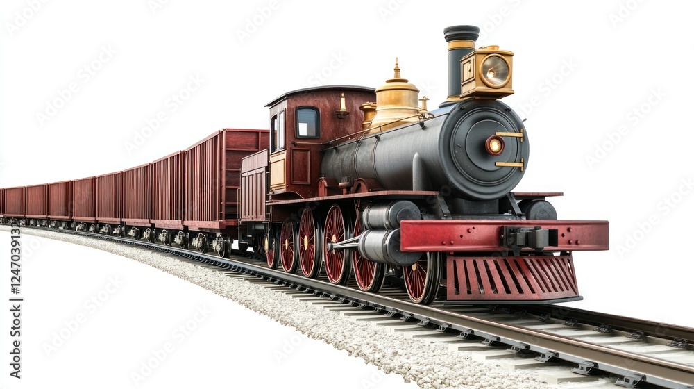 Fototapeta premium Vintage steam locomotive train with cargo cars on tracks, isolated on white background.