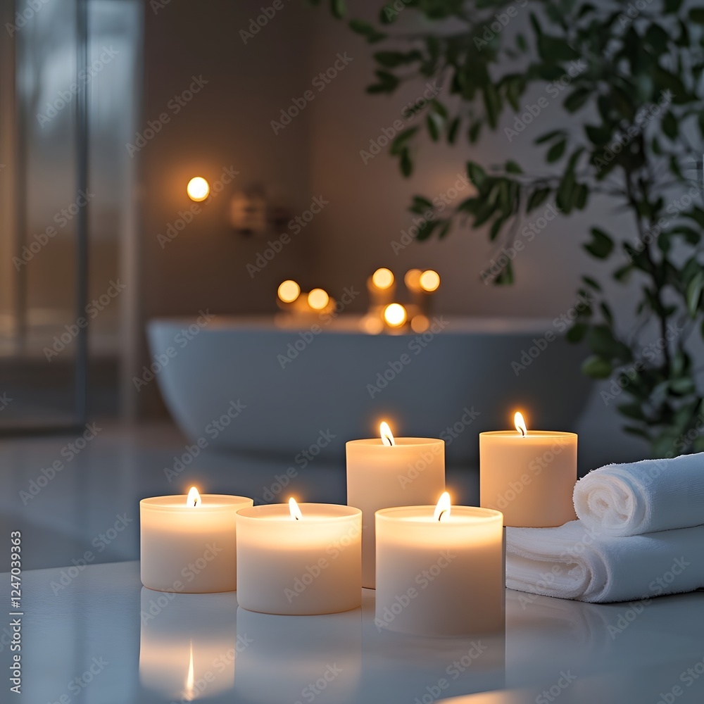 Cozy Candlelit Atmosphere with Greenery and Soft Textiles in Spa Like Interior Cozy Candlelit Atmosphere with Greenery and Soft Textiles in Spa Like Interior