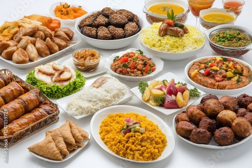 A large table full of various traditional foods from different cultures, including Indian, African, and Middle Eastern cuisine.