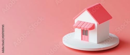 Wallpaper Mural Minimalist 3D rendering of a pink house model on a white platform against a light pink background. Torontodigital.ca