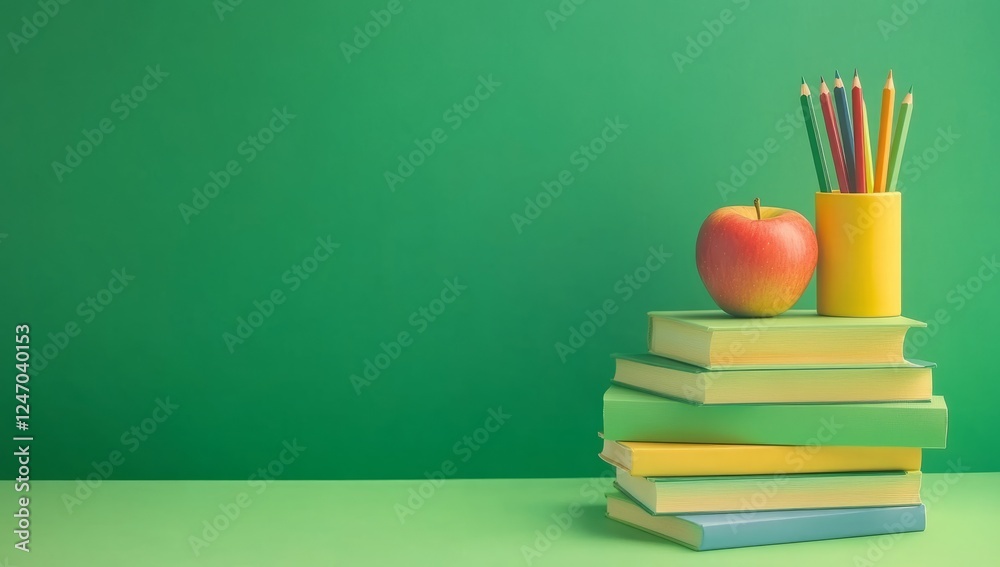 Stacked books with an apple and colorful pencils on a green background creating a vibrant study atmosphere Stacked books with an apple and colorful pencils on a green background creating a vibrant study atmosphere