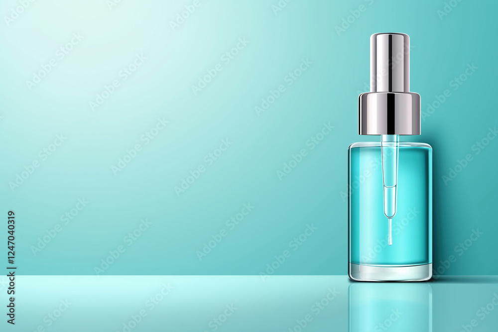 Elegant glass bottle of turquoise serum on smooth surface against a soft blue background Elegant glass bottle of turquoise serum on smooth surface against a soft blue background