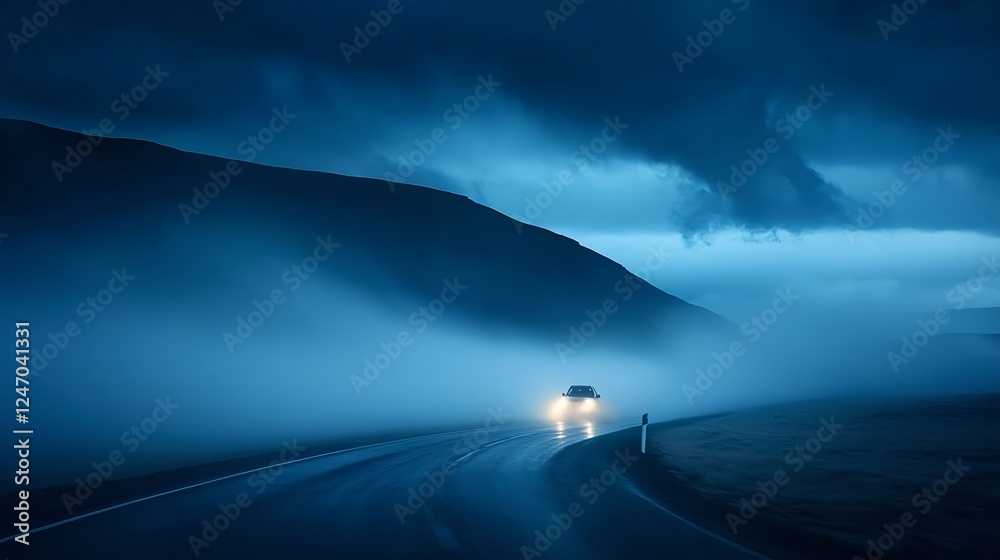 Night Drive Through Foggy Mountain Road