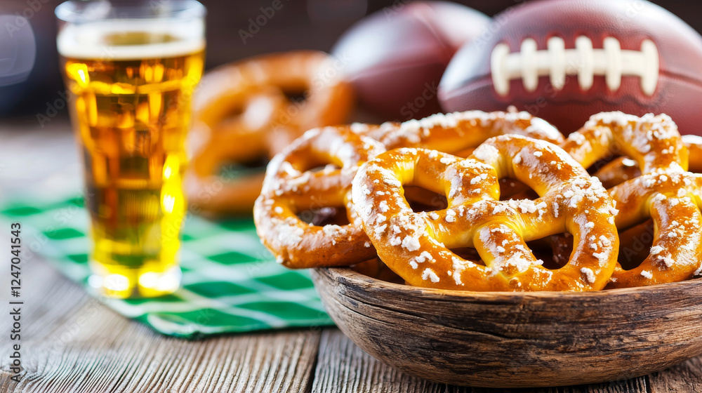 Delicious pretzels served with beer, perfect for game day snacks. Enjoy crispy texture and salty flavor alongside footballs on rustic wooden table Delicious pretzels served with beer, perfect for game day snacks. Enjoy crispy texture and salty flavor alongside footballs on rustic wooden table