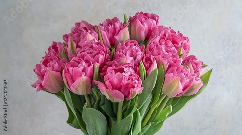Fresh pink tulips in a vase occupy a wooden table illuminated by natural light