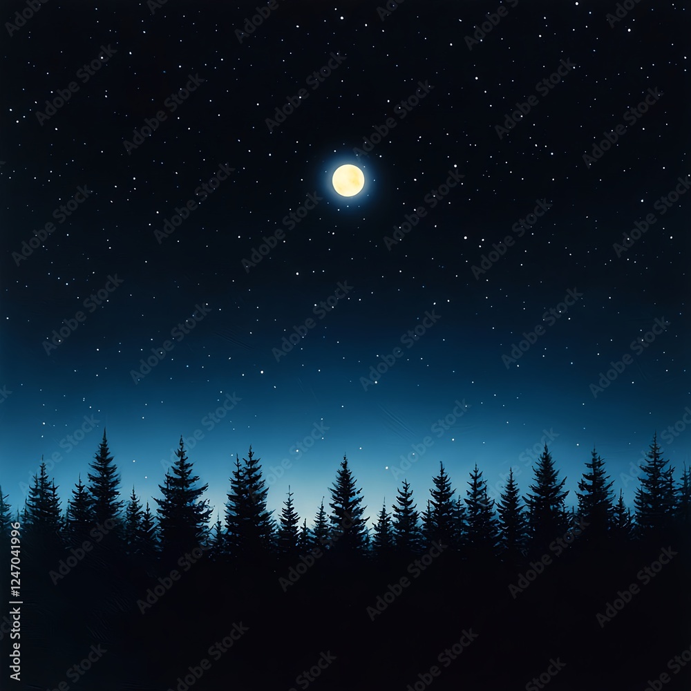 Fototapeta premium Night Forest Silhouette Under Full Moon