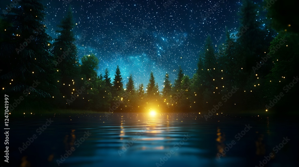 Naklejka premium Night Forest Lake with Starry Sky Reflection