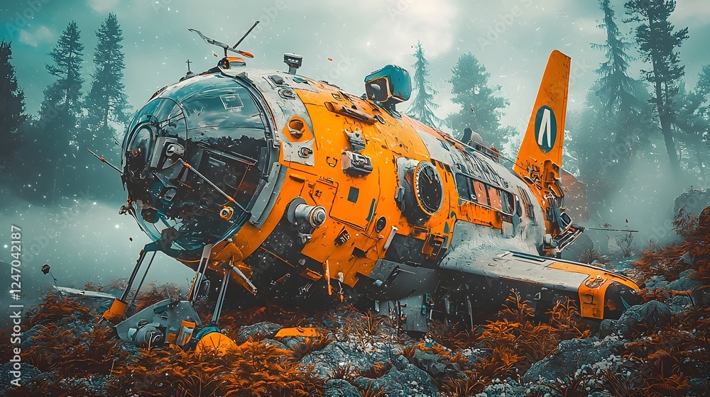 Dramatic scene of a crashed alien spacecraft in a dense misty forest with eerie smoke rising from the wreckage The futuristic metallic vehicle lies amidst the natural environment Dramatic scene of a crashed alien spacecraft in a dense misty forest with eerie smoke rising from the wreckage The futuristic metallic vehicle lies amidst the natural environment