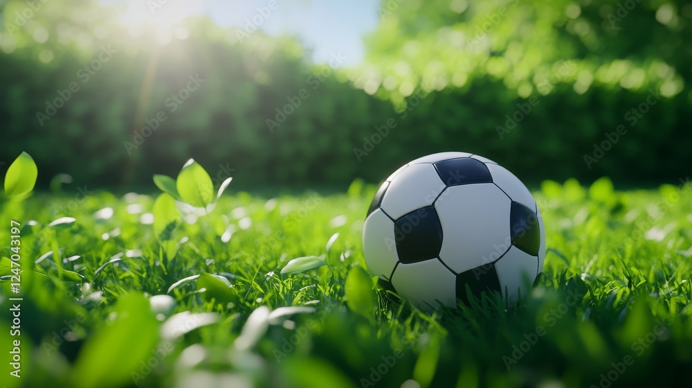 Naklejka premium Soccer Ball on Green Grass in Sunshine - A close-up of a soccer ball resting on lush green grass, illuminated by soft sunlight, conveying a peaceful outdoor sports atmosphere.