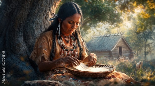 A Lenape woman weaving a basket from natural fibers, dressed in a traditional buckskin dress decorated with quillwork and beads, 