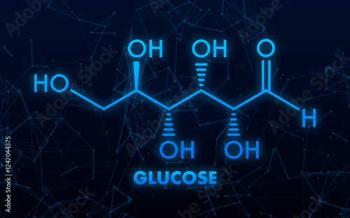 Glucose Molecular Structure with Glowing Blue Lines on Dark Background