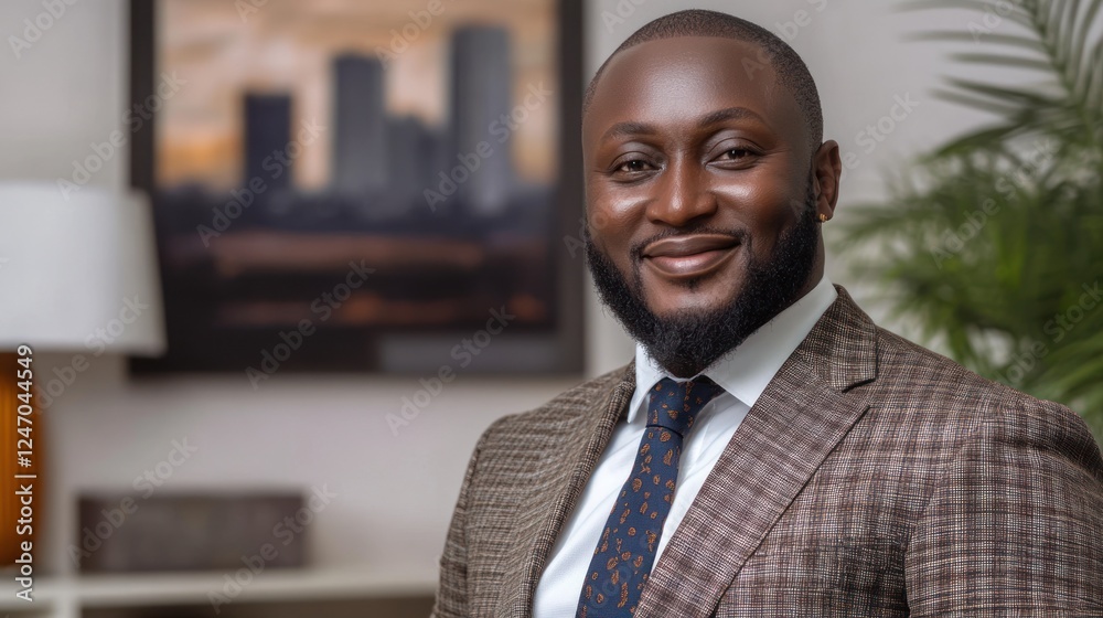 Portrait of a smiling Black businessman in a brown suit and tie, indoors. Portrait of a smiling Black businessman in a brown suit and tie, indoors.